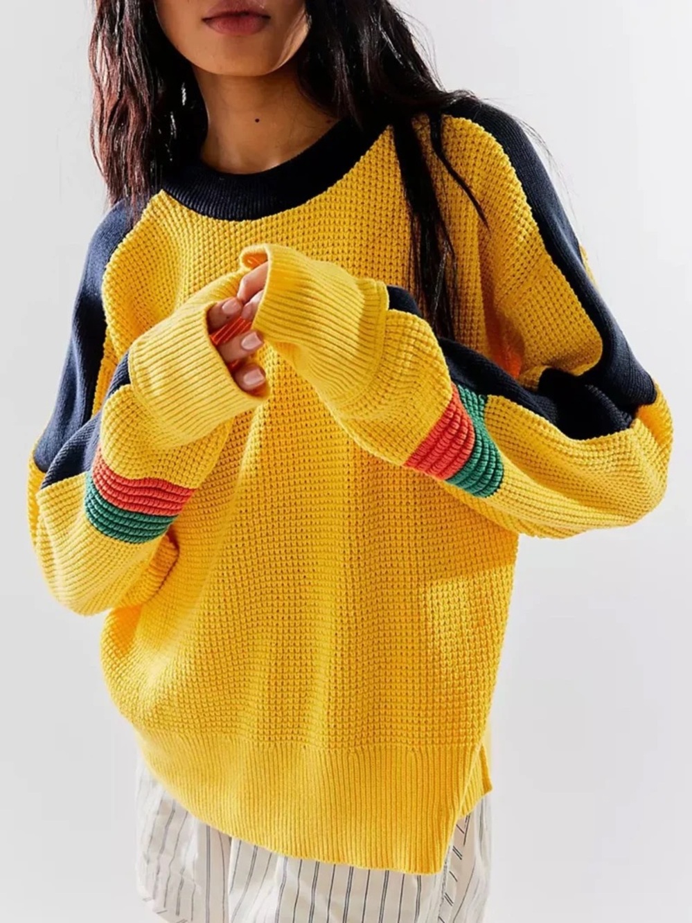 NWT Free People We The Free Speed Racer Waffle Pullover in Sunshine Combo